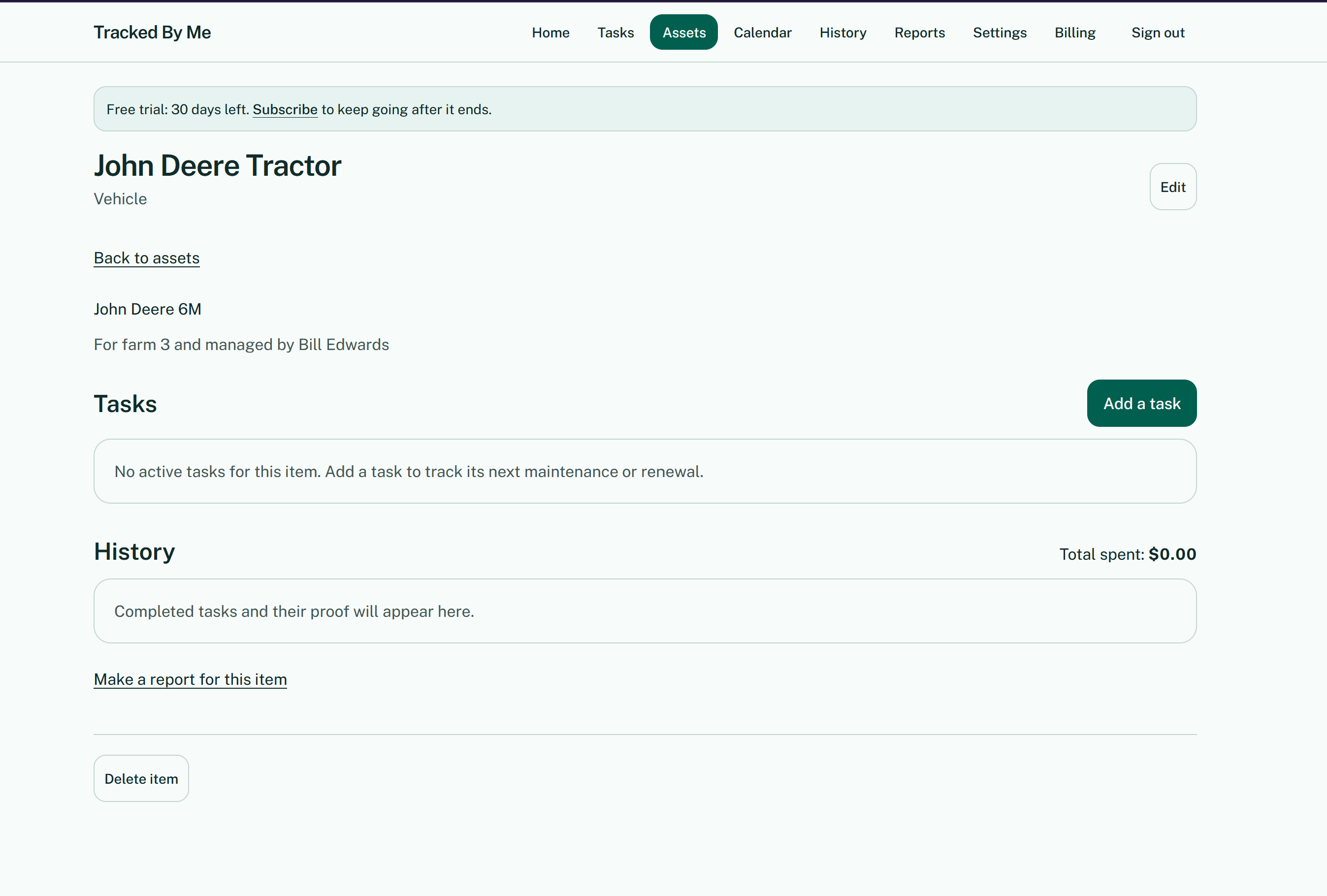 Asset detail page showing a vehicle