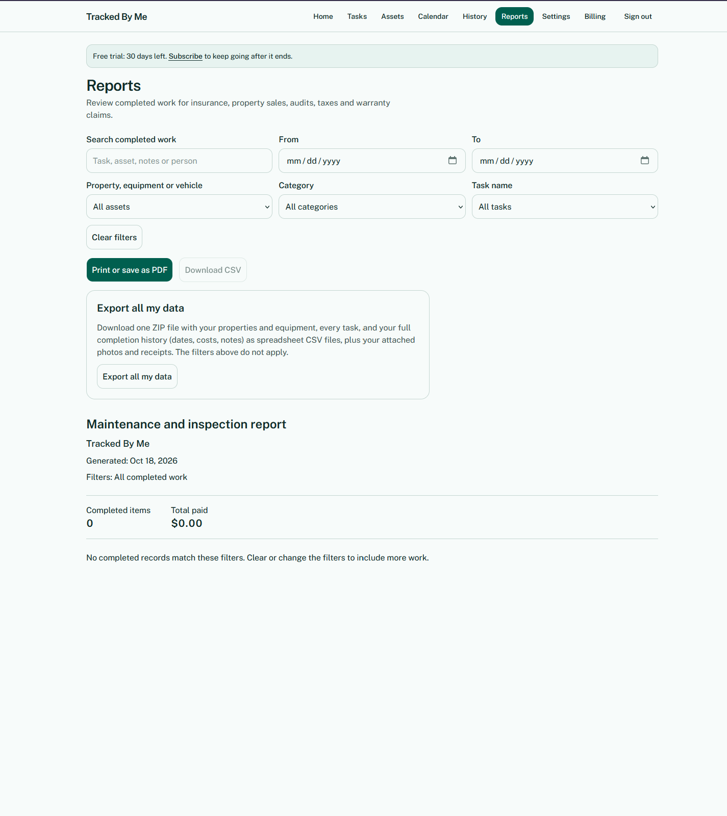 Reports page with export button