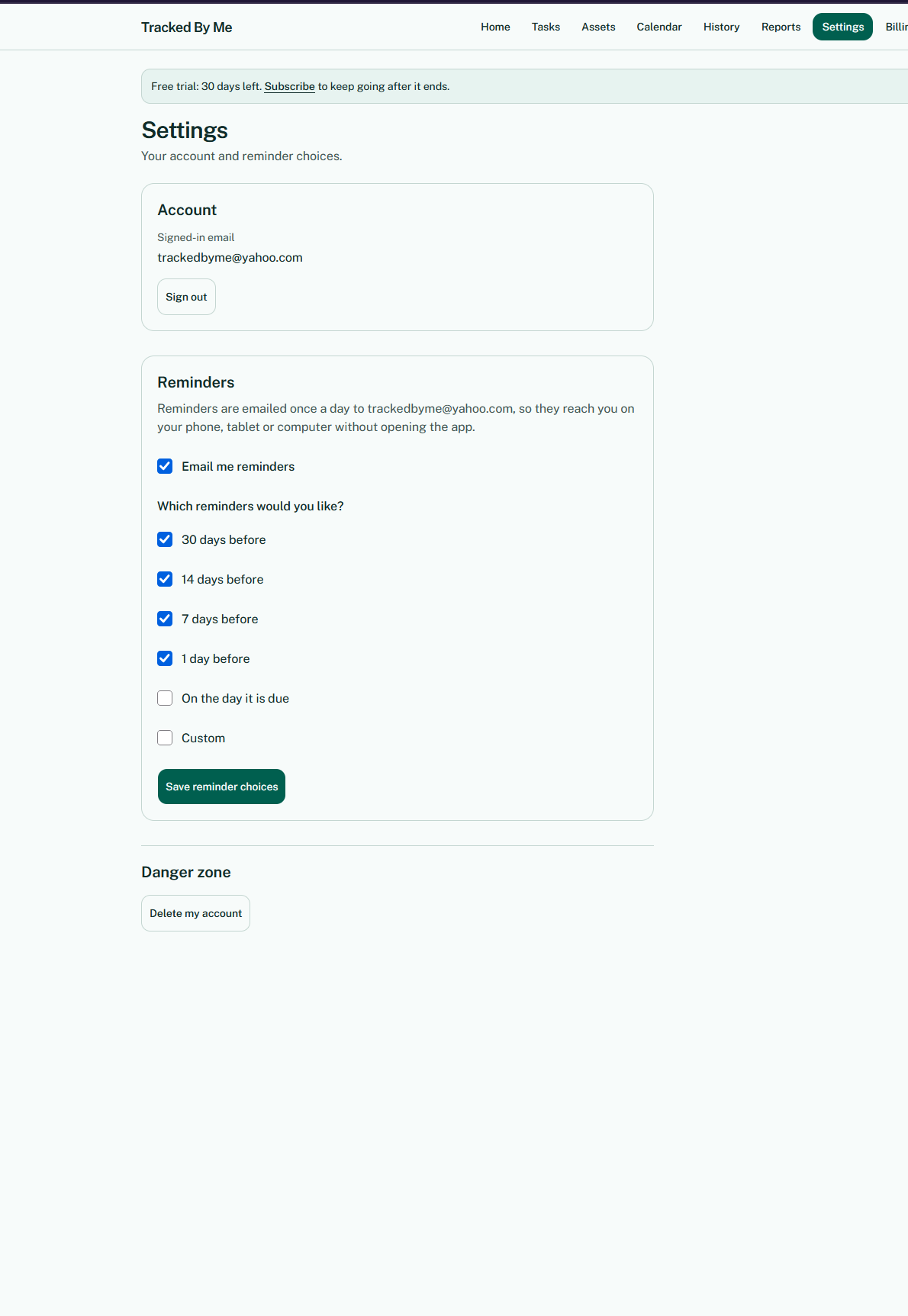 Settings page with reminder preferences